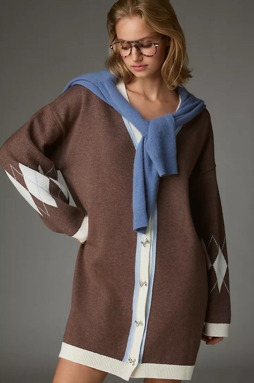 ANTHROPOLOGIE x MAEVE V-Neck Cardigan Sweater Mini Dress Brown Sz L $168 {3J24}